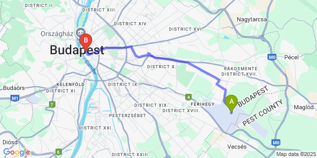 Map: Budapest Airport (BUD), Ferihegy, Liszt Ferenc to 2B Hostel & Rooms