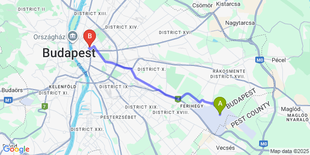 Map: Budapest Airport (BUD), Ferihegy, Liszt Ferenc to a&o Budapest City - Hostel
