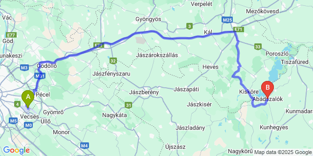 Map: Budapest Airport (BUD), Ferihegy, Liszt Ferenc to Abádszalók