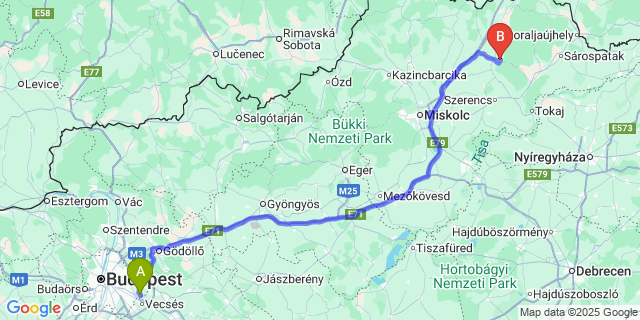 Map: Budapest Airport (BUD), Ferihegy, Liszt Ferenc to Abaújalpár
