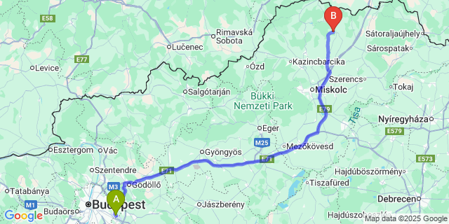 Map: Budapest Airport (BUD), Ferihegy, Liszt Ferenc to Abaújlak