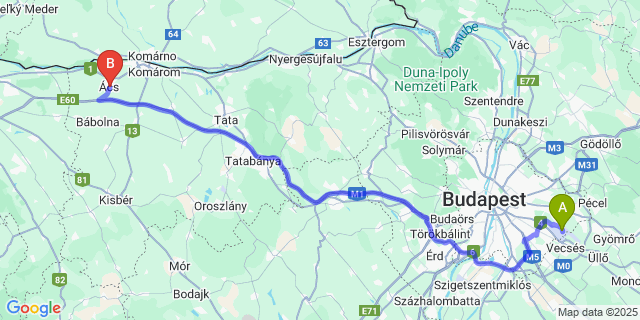 Map: Budapest Airport (BUD), Ferihegy, Liszt Ferenc to Ács