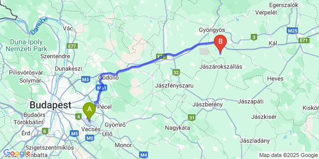 Map: Budapest Airport (BUD), Ferihegy, Liszt Ferenc to Adács