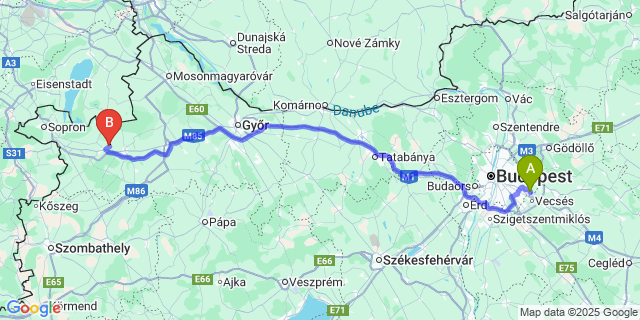 Map: Budapest Airport (BUD), Ferihegy, Liszt Ferenc to Agyagosszergény