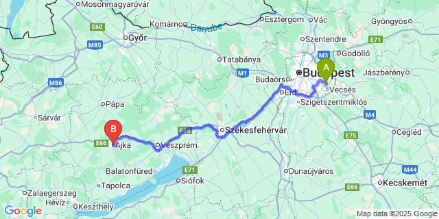 Map: Budapest Airport (BUD), Ferihegy, Liszt Ferenc to Ajka