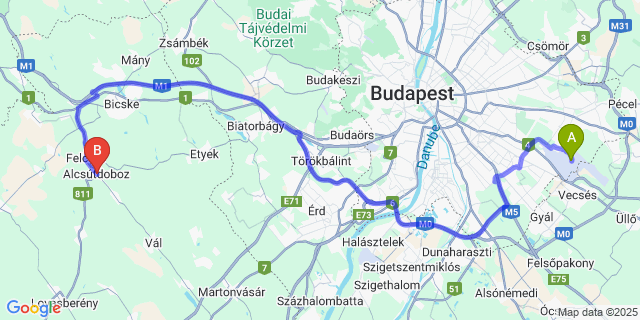 Map: Budapest Airport (BUD), Ferihegy, Liszt Ferenc to Alcsútdoboz