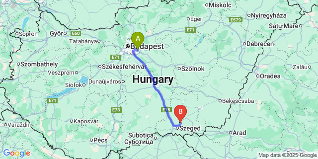 Map: Budapest Airport (BUD), Ferihegy, Liszt Ferenc to Algyő