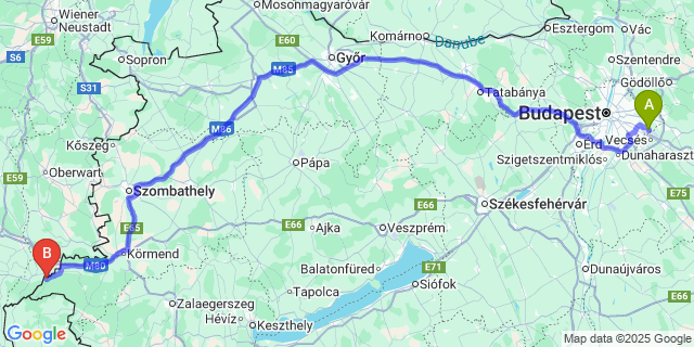 Map: Budapest Airport (BUD), Ferihegy, Liszt Ferenc to Alsószölnök