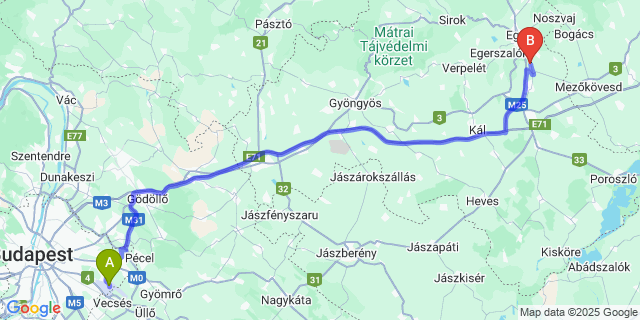 Map: Budapest Airport (BUD), Ferihegy, Liszt Ferenc to Andornaktálya