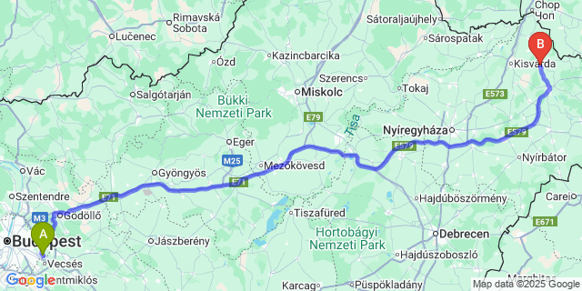 Map: Budapest Airport (BUD), Ferihegy, Liszt Ferenc to Aranyosapáti