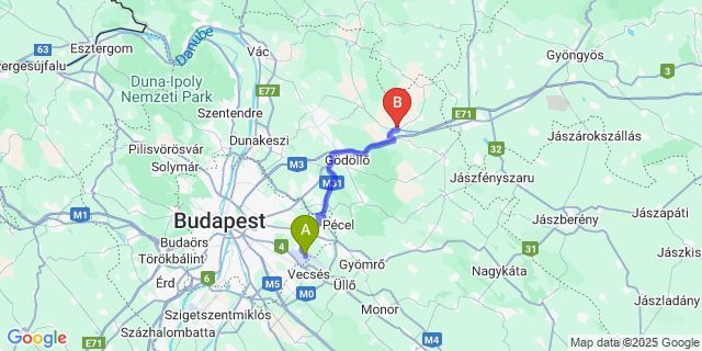 Map: Budapest Airport (BUD), Ferihegy, Liszt Ferenc to Aszód