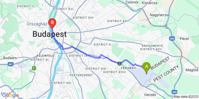 Map: Budapest Airport (BUD), Ferihegy, Liszt Ferenc to Aurea Ana Palace by Eurostars Hotel Company