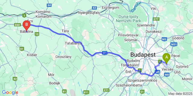 Map: Budapest Airport (BUD), Ferihegy, Liszt Ferenc to Bábolna