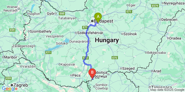Map: Budapest Airport (BUD), Ferihegy, Liszt Ferenc to Bácsszentgyörgy