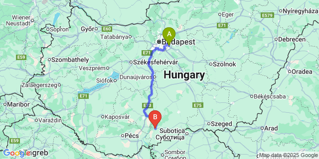 Map: Budapest Airport (BUD), Ferihegy, Liszt Ferenc to Baja