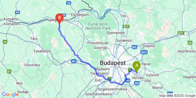 Map: Budapest Airport (BUD), Ferihegy, Liszt Ferenc to Bajót