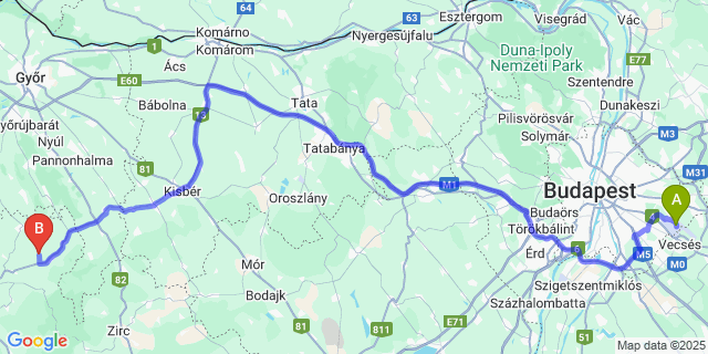 Map: Budapest Airport (BUD), Ferihegy, Liszt Ferenc to Bakonyszentiván