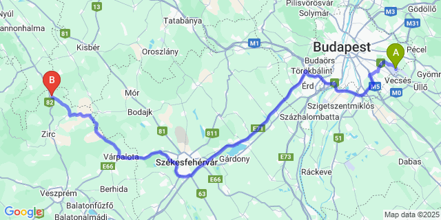 Map: Budapest Airport (BUD), Ferihegy, Liszt Ferenc to Bakonyszentkirály