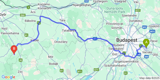 Map: Budapest Airport (BUD), Ferihegy, Liszt Ferenc to Bakonyszentlászló