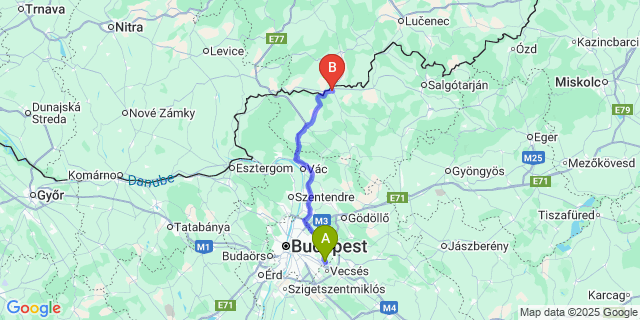 Map: Budapest Airport (BUD), Ferihegy, Liszt Ferenc to Balassagyarmat