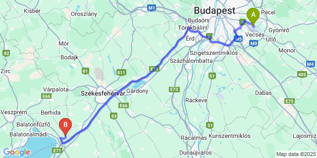 Map: Budapest Airport (BUD), Ferihegy, Liszt Ferenc to Balatonfőkajár