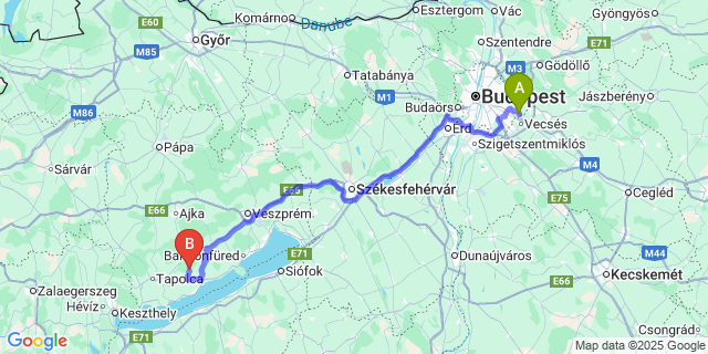 Map: Budapest Airport (BUD), Ferihegy, Liszt Ferenc to Balatonhenye