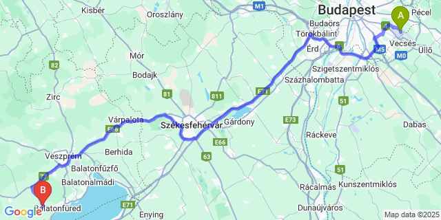 Map: Budapest Airport (BUD), Ferihegy, Liszt Ferenc to Balatonszőlős
