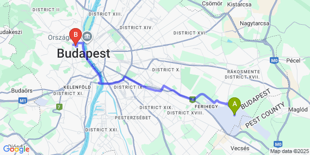 Map: Budapest Airport (BUD), Ferihegy, Liszt Ferenc to Baltazar Budapest