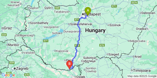 Map: Budapest Airport (BUD), Ferihegy, Liszt Ferenc to Beremend