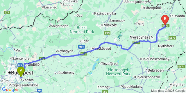 Map: Budapest Airport (BUD), Ferihegy, Liszt Ferenc to Berkesz