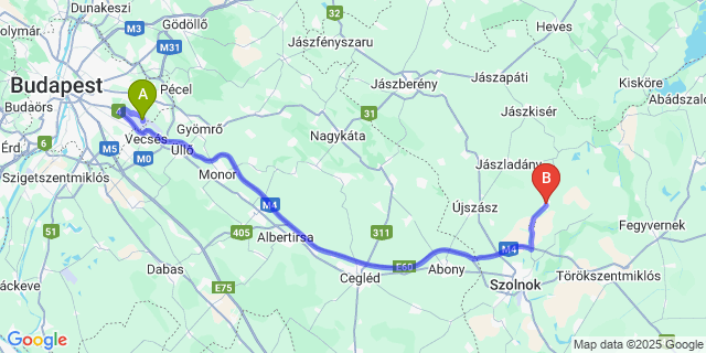 Map: Budapest Airport (BUD), Ferihegy, Liszt Ferenc to Besenyszög