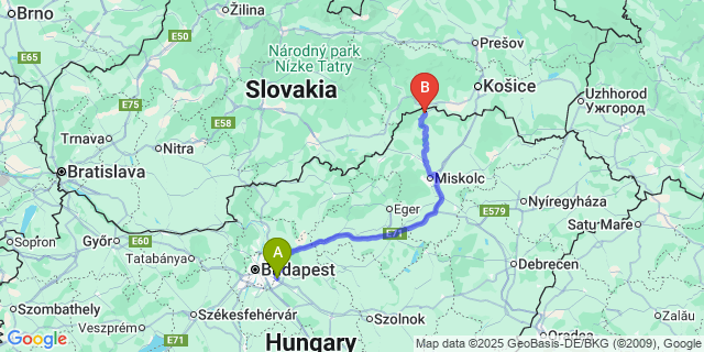 Map: Budapest Airport (BUD), Ferihegy, Liszt Ferenc to Bódvaszilas