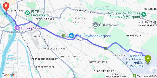 Map: Budapest Airport (BUD), Ferihegy, Liszt Ferenc to Bohem Art Hotel