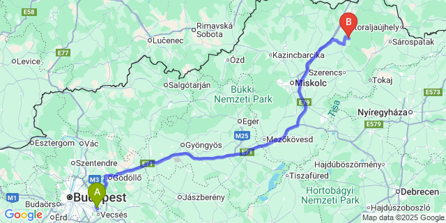 Map: Budapest Airport (BUD), Ferihegy, Liszt Ferenc to Boldogkőváralja