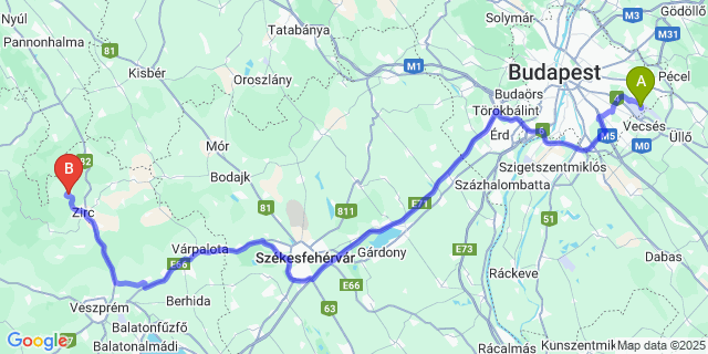 Map: Budapest Airport (BUD), Ferihegy, Liszt Ferenc to Borzavár