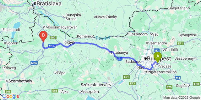 Map: Budapest Airport (BUD), Ferihegy, Liszt Ferenc to Bősárkány