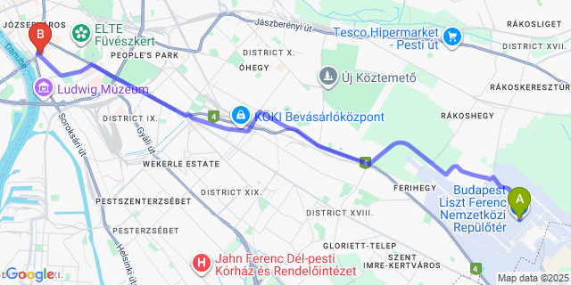 Map: Budapest Airport (BUD), Ferihegy, Liszt Ferenc to Boulevard City Pension and Apartments