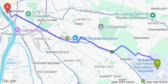 Map: Budapest Airport (BUD), Ferihegy, Liszt Ferenc to Boutique Hotel Budapest
