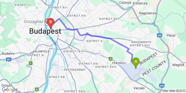 Map: Budapest Airport (BUD), Ferihegy, Liszt Ferenc to Boutique Residence Budapest