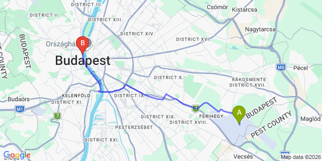 Map: Budapest Airport (BUD), Ferihegy, Liszt Ferenc to Budapest 1011