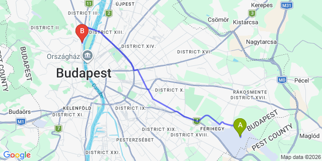Map: Budapest Airport (BUD), Ferihegy, Liszt Ferenc to Budapest 1023