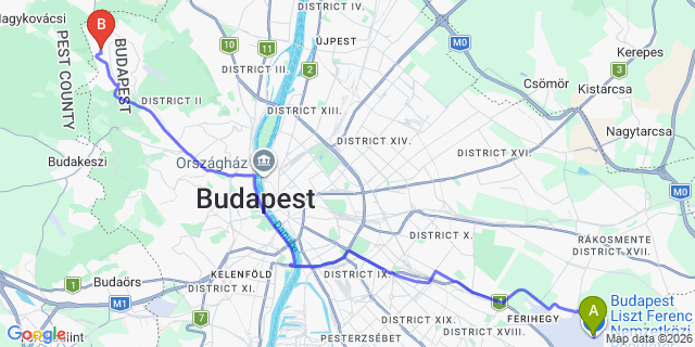 Map: Budapest Airport (BUD), Ferihegy, Liszt Ferenc to Budapest 1029