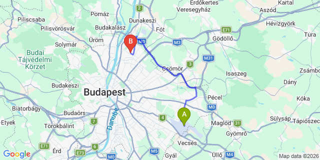 Map: Budapest Airport (BUD), Ferihegy, Liszt Ferenc to Budapest 1046