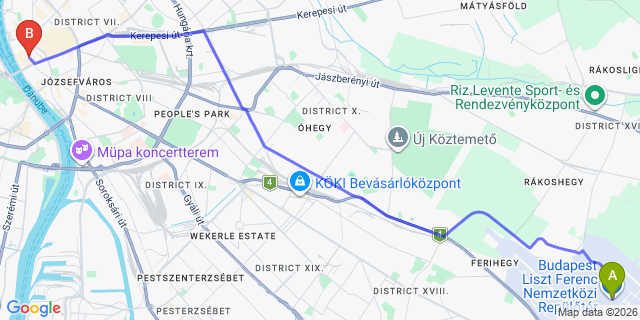 Map: Budapest Airport (BUD), Ferihegy, Liszt Ferenc to Budapest 1052
