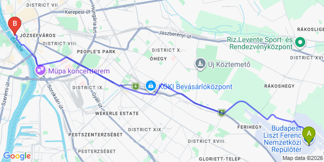 Map: Budapest Airport (BUD), Ferihegy, Liszt Ferenc to Budapest 1056