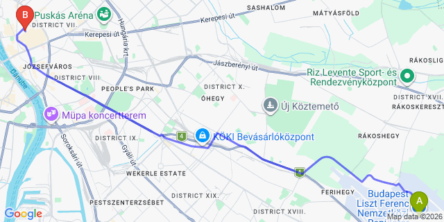Map: Budapest Airport (BUD), Ferihegy, Liszt Ferenc to Budapest 1061