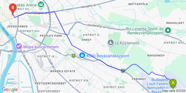Map: Budapest Airport (BUD), Ferihegy, Liszt Ferenc to Budapest 1072