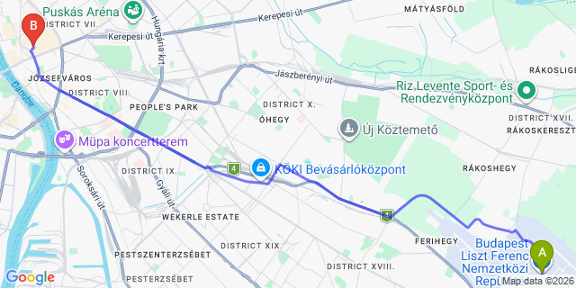 Map: Budapest Airport (BUD), Ferihegy, Liszt Ferenc to Budapest 1075