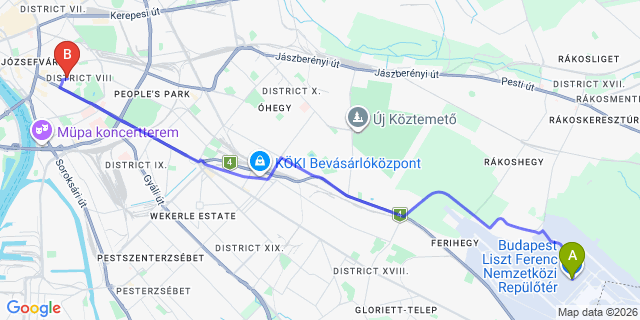 Map: Budapest Airport (BUD), Ferihegy, Liszt Ferenc to Budapest 1083