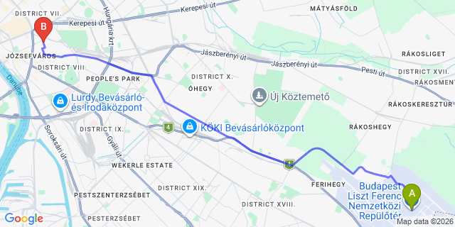 Map: Budapest Airport (BUD), Ferihegy, Liszt Ferenc to Budapest 1084